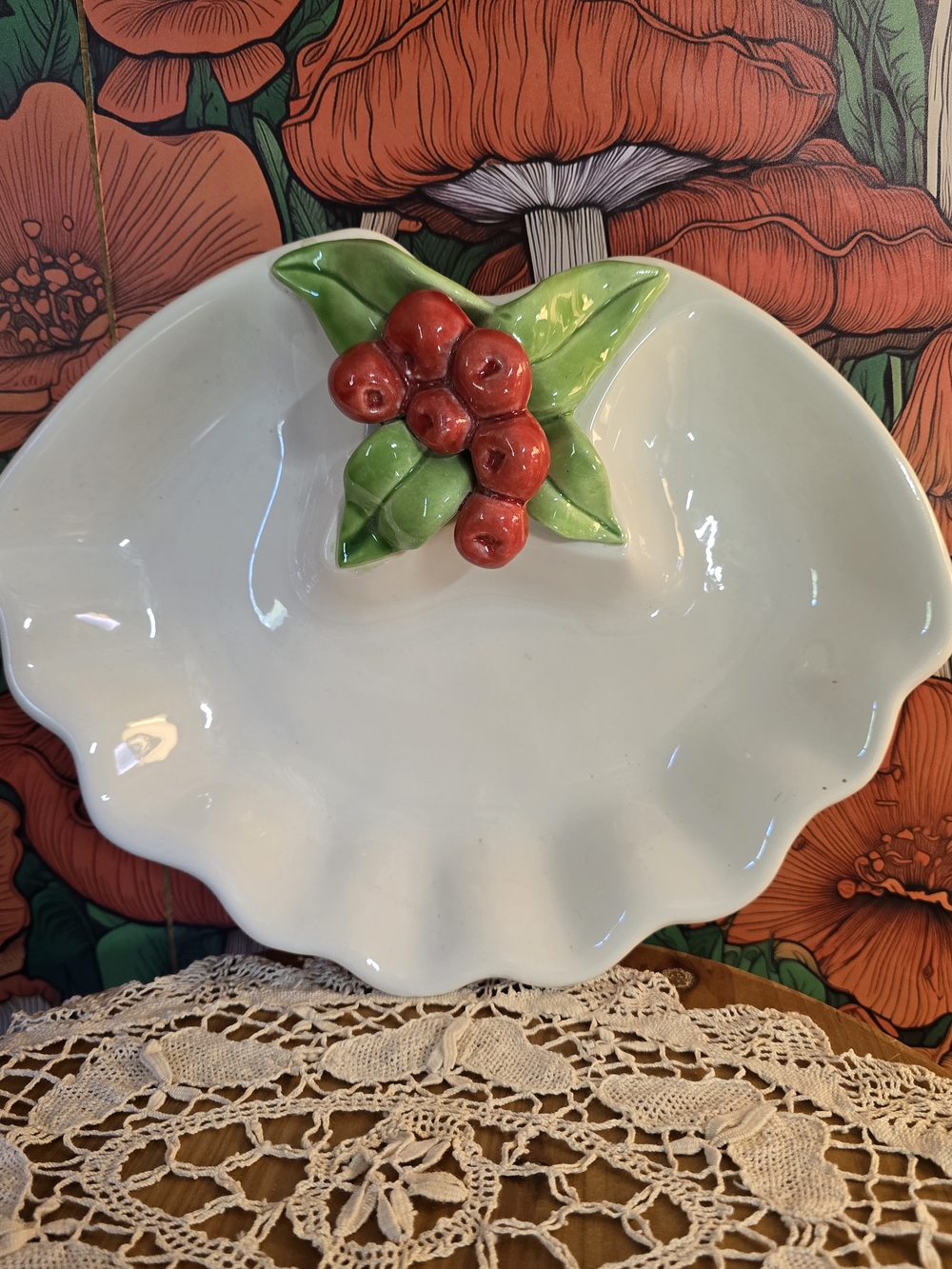 California Ceramic Scalloped Serving Bowl with Red Berry Accent